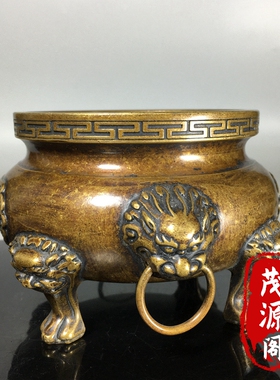 仿古纯铜龙凤香炉狮子头双耳四足鼎熏香炉家用供奉老铜炉摆件收藏