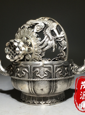 旧藏纯铜浮雕游龙镂空熏香炉双象耳莲花铜香炉家居茶道香炉摆件