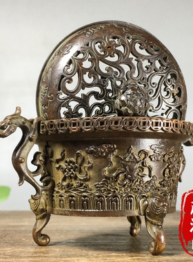 古玩仿古纯铜雕刻吉祥八宝铜香炉招财三足龙耳熏香炉摆件老物件