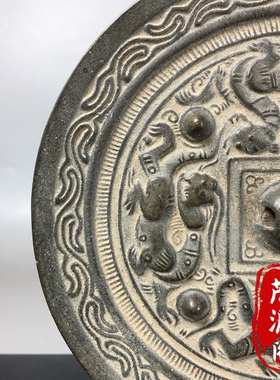 仿古铜镜摆件雕刻四大神兽铜镜农村收来古代青铜镜民俗老物件收藏