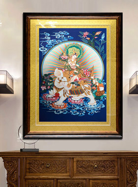 上行道唐卡普贤菩萨手绘画装饰画挂画新中式茶室玄关瑜伽馆手工画