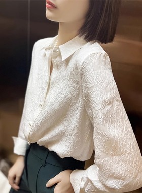 GG。白色真丝衬衫女春秋季2024新款高级感气质减龄衬衣桑蚕丝长袖