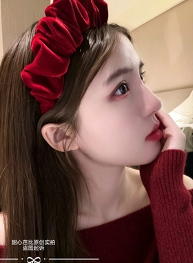 原创复古酒红色丝绒褶皱发箍增高颅顶女法式外出百搭头箍发卡发饰