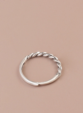 s925纯银麻花开口戒指女个性简约ins潮冷淡风食指可调素圈细尾戒