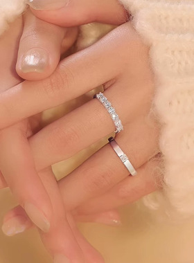 s925纯银开口情侣戒指男女一对排钻戒求婚订婚对戒轻奢高级感礼物