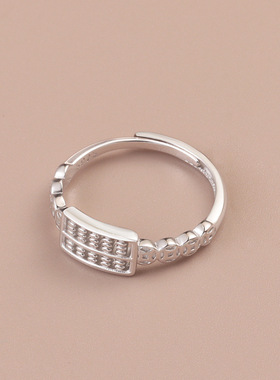 s925纯银如意算盘戒指女古风小众个性招财钱币食指戒子时尚中国风