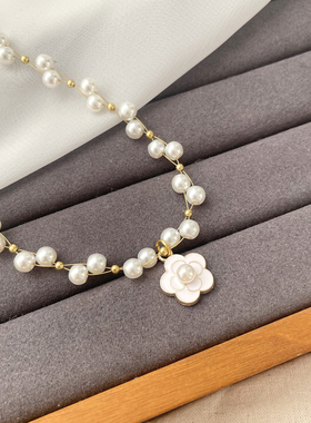 法式山茶花珍珠项链ins简约韩版轻奢小众设计高级感choker锁骨链