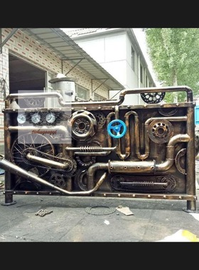 复古工业风机械怀旧酒吧吧台装饰铁艺管道背景墙面咖啡馆前台