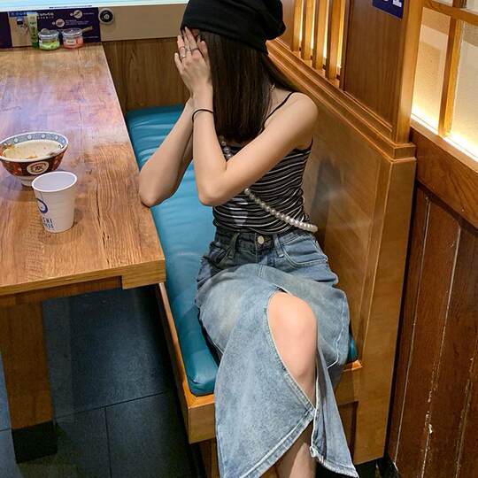 Plus size fat girl versatile retro slit denim skirt