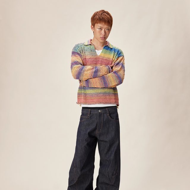 Mi Jin's same style EK rainbow custom-dyed hollow sweater