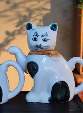 80年代江南招财猫瓷器小猫壶老物件古董艺术案头摆件