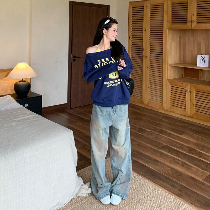 橘子树在哪儿美式蓝色牛仔裤女秋季款小众设计感阔腿显瘦拖地裤子,淘宝优惠券,粉丝福利购,淘宝优惠卷