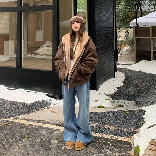 橘子树在哪儿美式麂皮连帽外套女冬防风保暖慵懒休闲宽松百搭棉服 - 图2