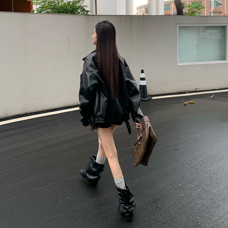 橘子树在哪儿美式黑色皮衣外套女秋季酷飒风宽松休闲百搭机车夹克,淘宝优惠券,粉丝福利购,淘宝优惠卷