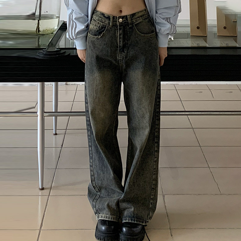 橘子树在哪儿复古蓝色水洗牛仔裤女秋季高腰显瘦百搭直筒拖地长裤,淘宝优惠券,粉丝福利购,淘宝优惠卷