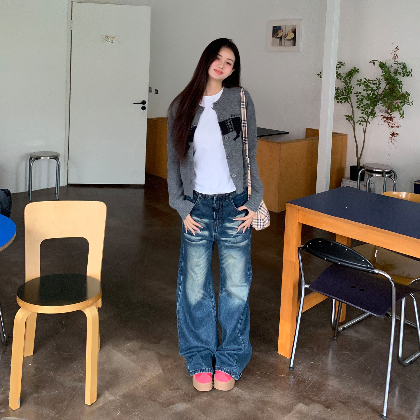 橘子树在哪儿美式复古水洗折痕牛仔裤女秋季设计感直筒显瘦拖地裤,淘宝优惠券,粉丝福利购,淘宝优惠卷