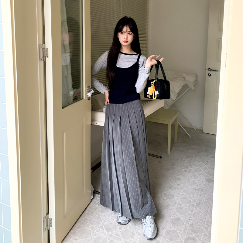 【清仓价】橘子树在哪儿条纹褶皱半身裙女春季韩版宽松百搭a字裙