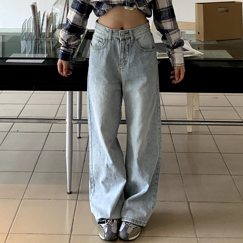 橘子树在哪儿复古蓝色水洗牛仔裤女秋季高腰显瘦百搭直筒拖地长裤,淘宝优惠券,粉丝福利购,淘宝优惠卷