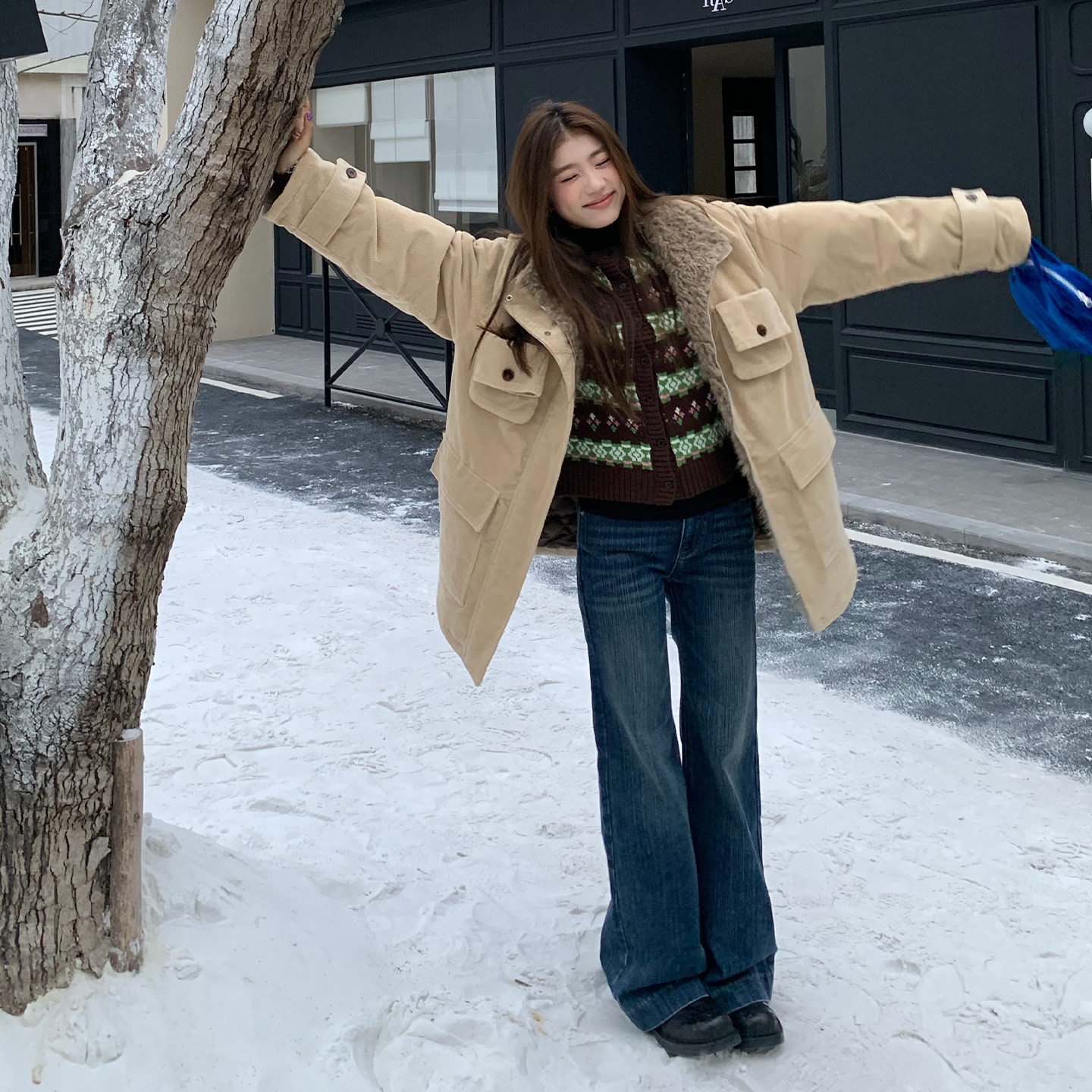 橘子树在哪儿蓝色中腰竹节微喇牛仔裤女秋冬辣妹弹力直筒显瘦裤子,淘宝优惠券,粉丝福利购,淘宝优惠卷