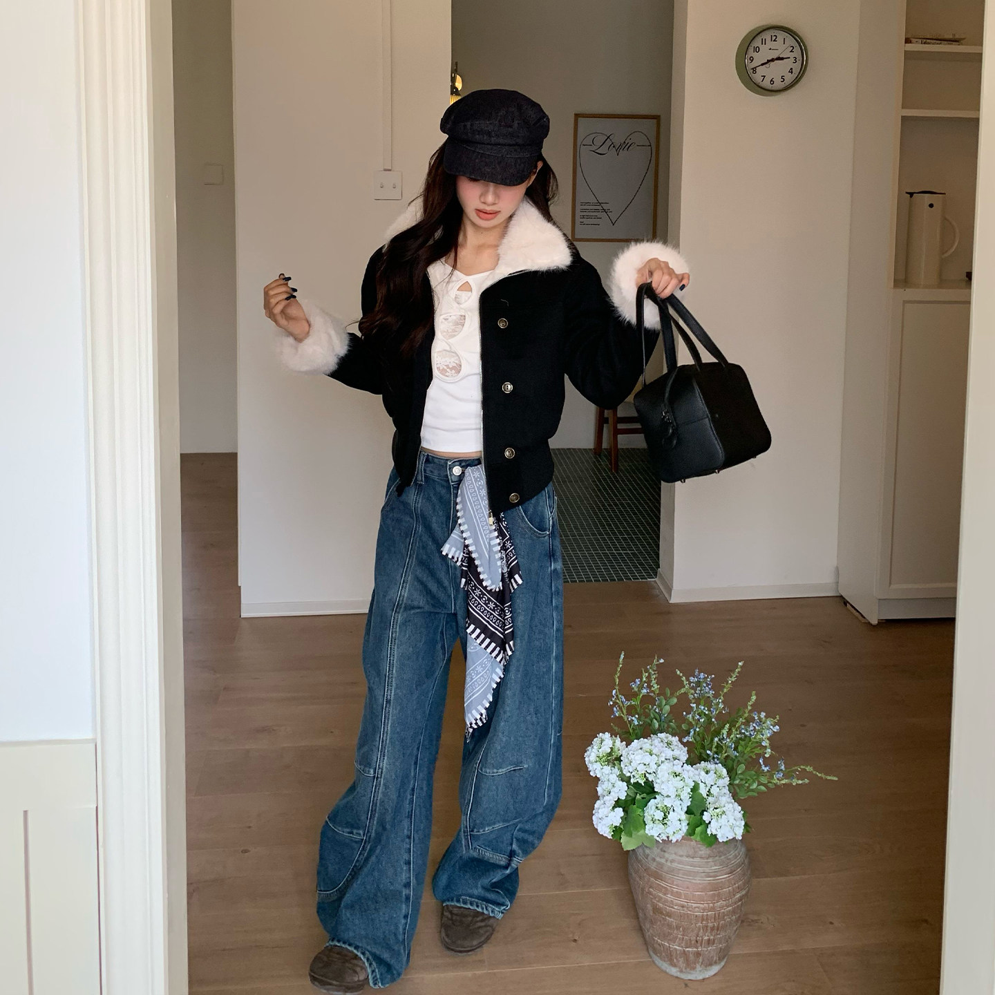 橘子树在哪儿黑色麂皮排扣夹克短款上衣女秋冬加厚保暖毛毛外套,淘宝优惠券,粉丝福利购,淘宝优惠卷