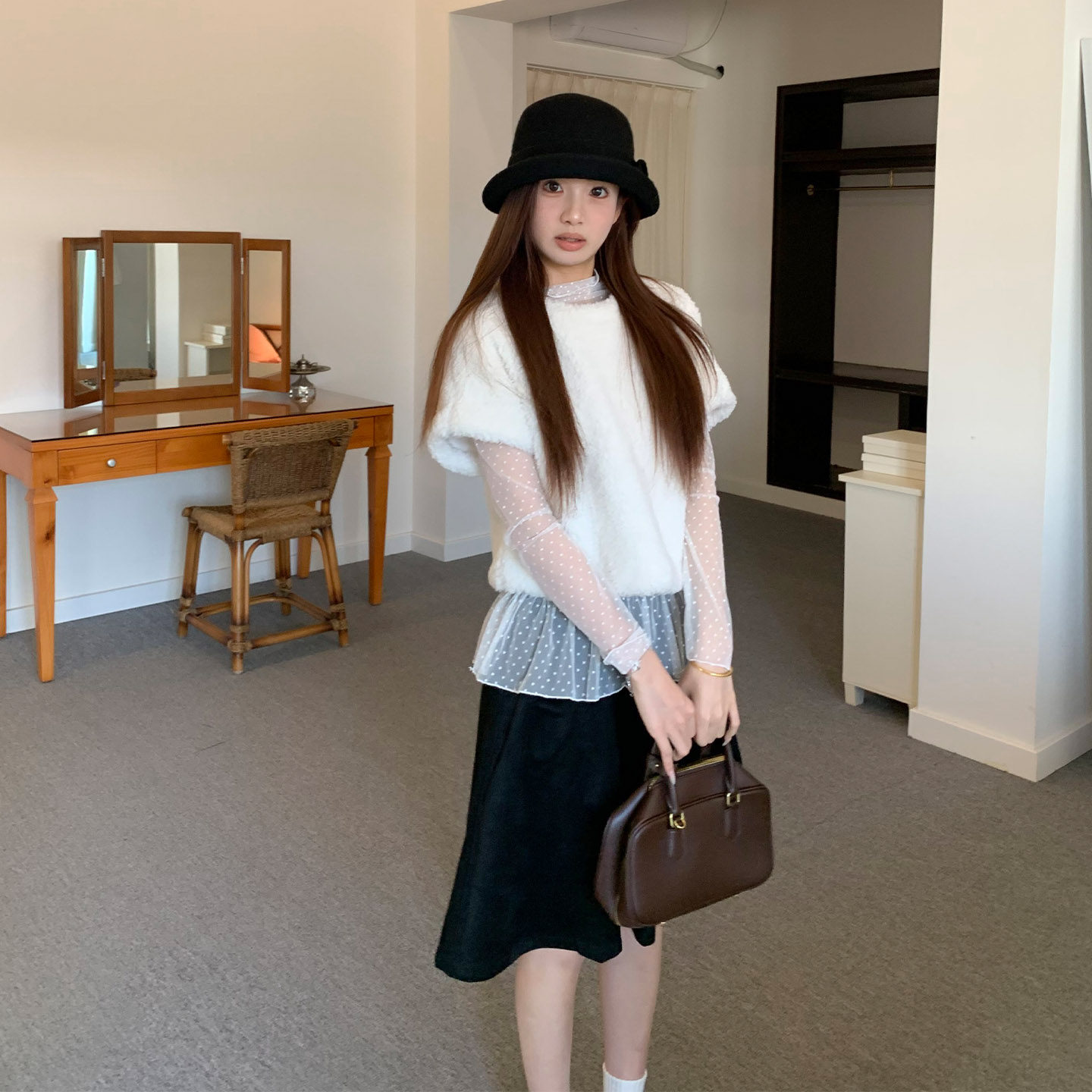 橘子树在哪儿miu系套装毛毛马甲女冬季雪纺衫独特漂亮叠穿两件套,淘宝优惠券,粉丝福利购,淘宝优惠卷