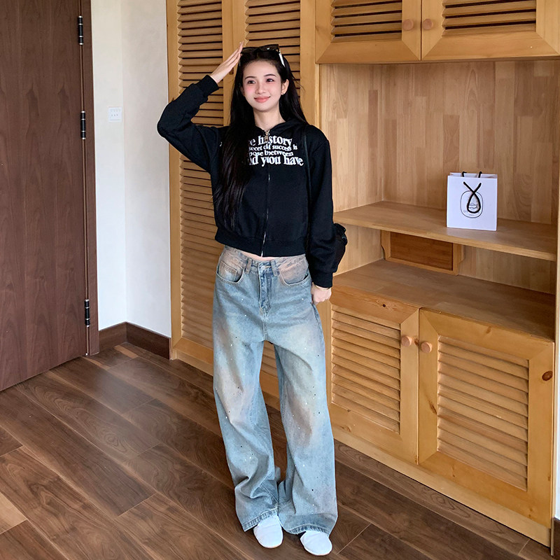 橘子树在哪儿美式蓝色牛仔裤女秋季款小众设计感阔腿显瘦拖地裤子,淘宝优惠券,粉丝福利购,淘宝优惠卷