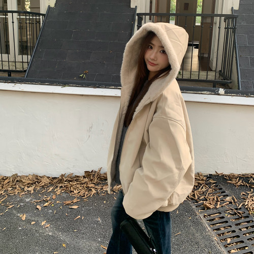 橘子树在哪儿美式麂皮连帽外套女冬防风保暖慵懒休闲宽松百搭棉服 - 图0