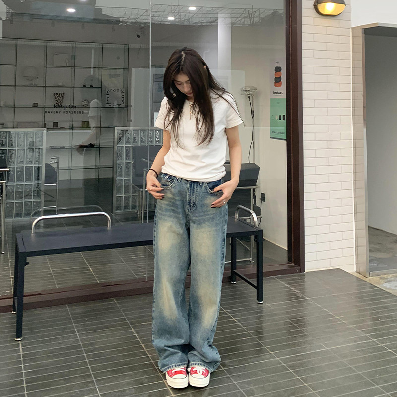 橘子树在哪儿复古水洗直筒牛仔裤女春季设计感高腰显瘦阔腿拖地裤,淘宝优惠券,粉丝福利购,淘宝优惠卷