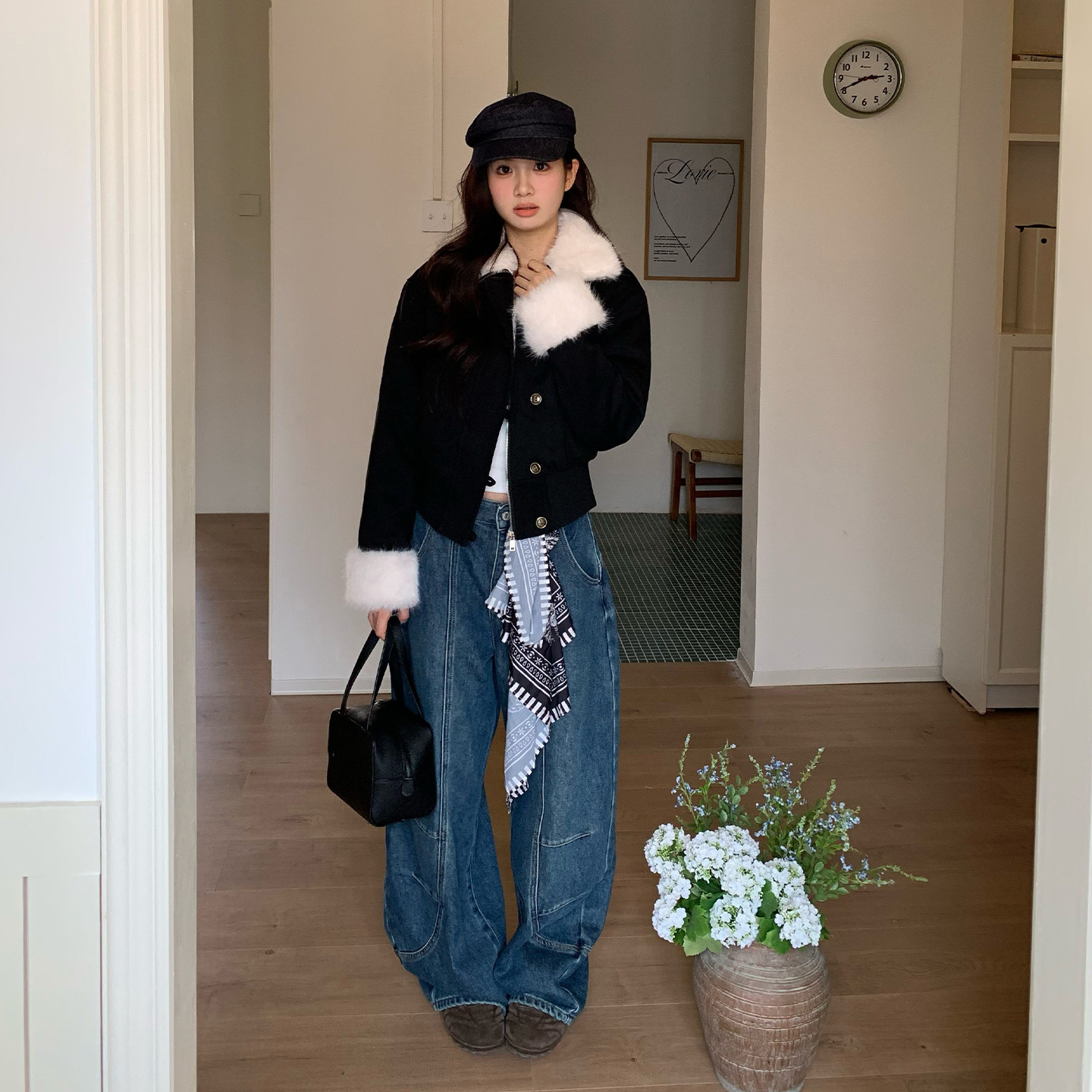 橘子树在哪儿黑色麂皮排扣夹克短款上衣女秋冬加厚保暖毛毛外套,淘宝优惠券,粉丝福利购,淘宝优惠卷