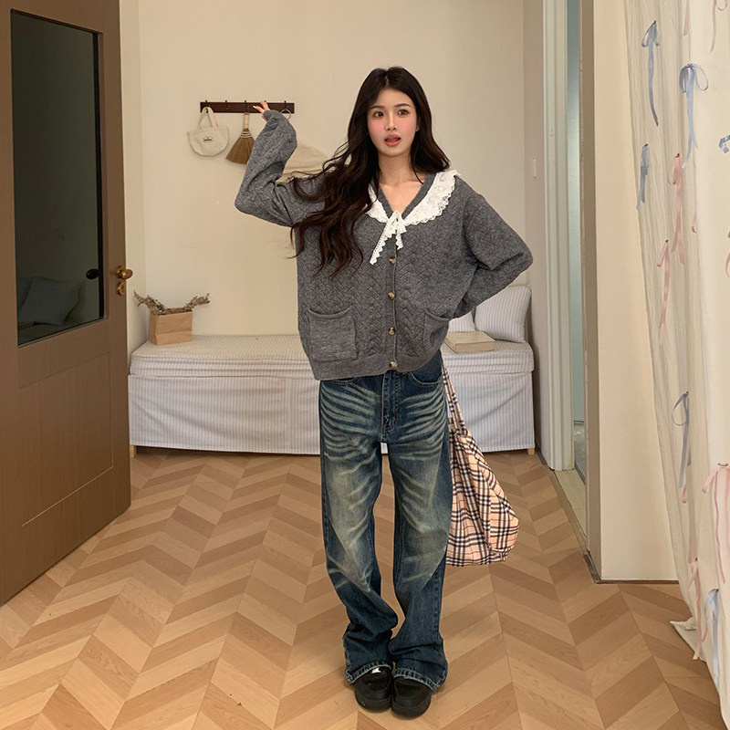 橘子树在哪儿慵懒风miu系蕾丝V领针织开衫女秋季宽松显瘦毛衣外套,淘宝优惠券,粉丝福利购,淘宝优惠卷