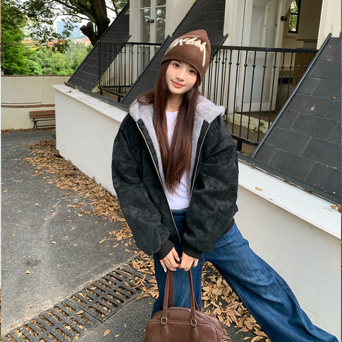 橘子树在哪儿美式麂皮连帽外套女冬防风保暖慵懒休闲宽松百搭棉服 - 图1