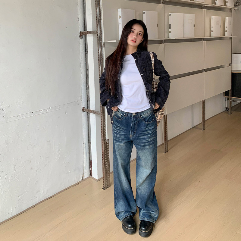 橘子树在哪儿美式复古猫须蓝色牛仔裤女秋季松弛感显瘦百搭拖地裤,淘宝优惠券,粉丝福利购,淘宝优惠卷