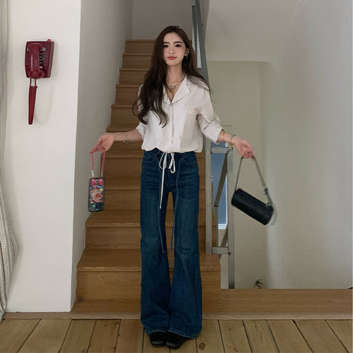 【限时价】橘子树在哪儿蓝色微喇牛仔裤女秋季直筒气质绑带马蹄裤 - 图2