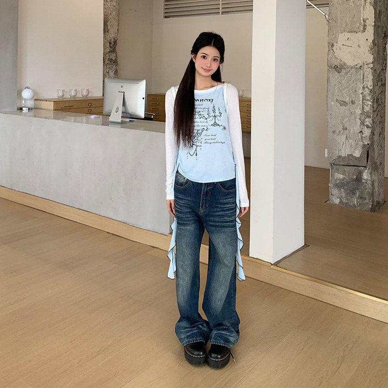 橘子树在哪儿美式复古猫须蓝色牛仔裤女秋季松弛感显瘦百搭拖地裤,淘宝优惠券,粉丝福利购,淘宝优惠卷