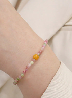 天然糖果碧玺手串手链弹力绳叠戴质感盐源小熊蜜蜡ins风手饰品