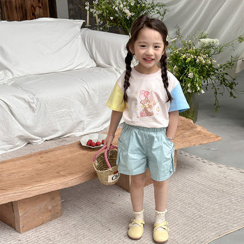 Girls Summer Casual Suit 2024 Summer New Loose Western Style Cartoon Short-Sleeved T-shirt Shorts for Small and Medium-Size Children