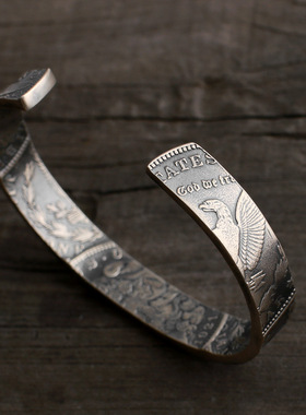 一休老银匠925银复古摩根币手镯