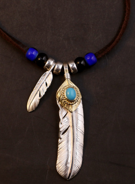 一休高桥吾郎925纯银XL素羽毛小羽毛鹿皮绳项链吊坠套装
