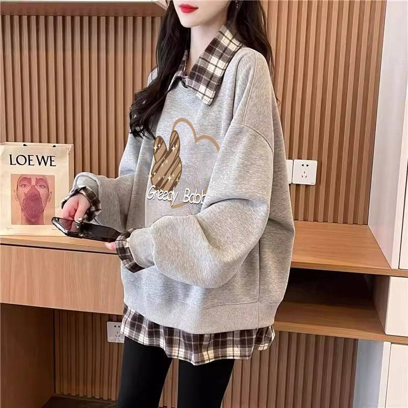 大码女装假两件加绒加厚卫衣女秋冬新款韩版宽松百搭设计感上衣潮,淘宝优惠券,粉丝福利购,淘宝优惠卷