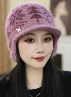中老年女士帽子提花护耳冬季妈妈加厚保暖针织毛线帽加绒奶奶