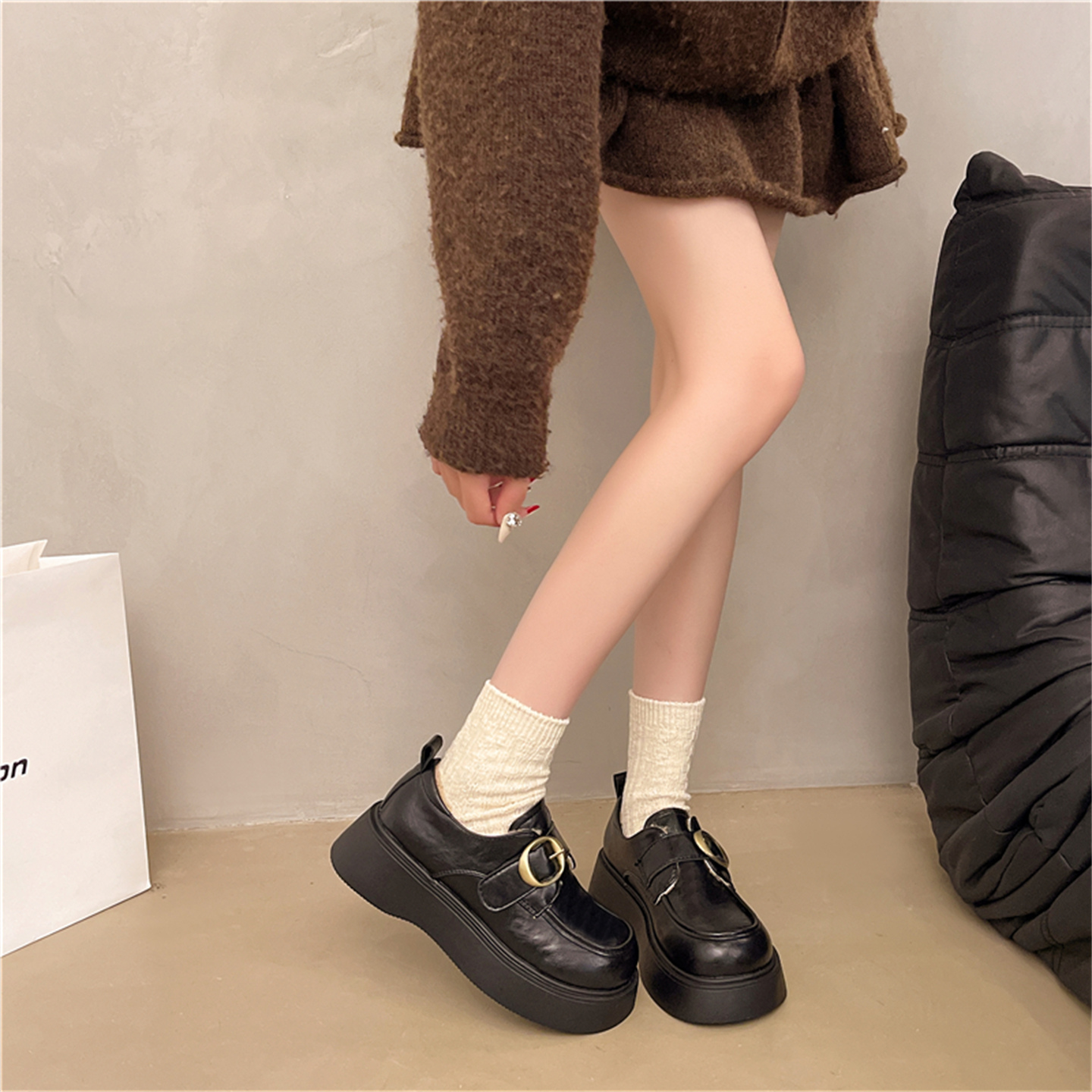 厚底增高乐福鞋女2025冬季新款气质英伦风百搭小皮鞋加绒保暖棉鞋 - 图1