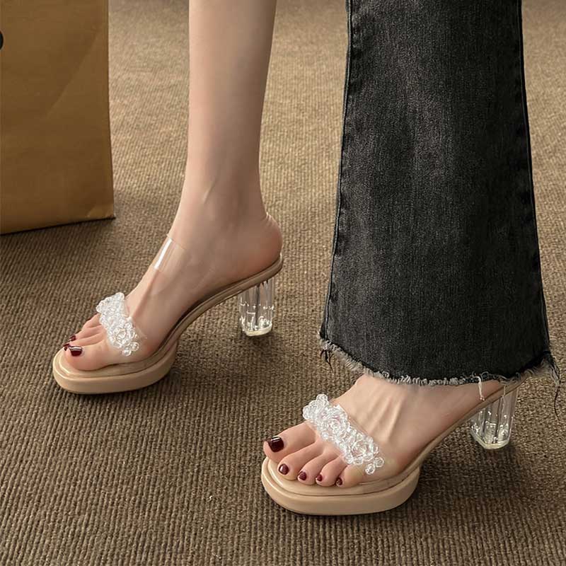 透明高跟凉鞋女夏季女鞋法式水晶粗跟小众高级感水钻凉拖鞋女外穿 - 图2