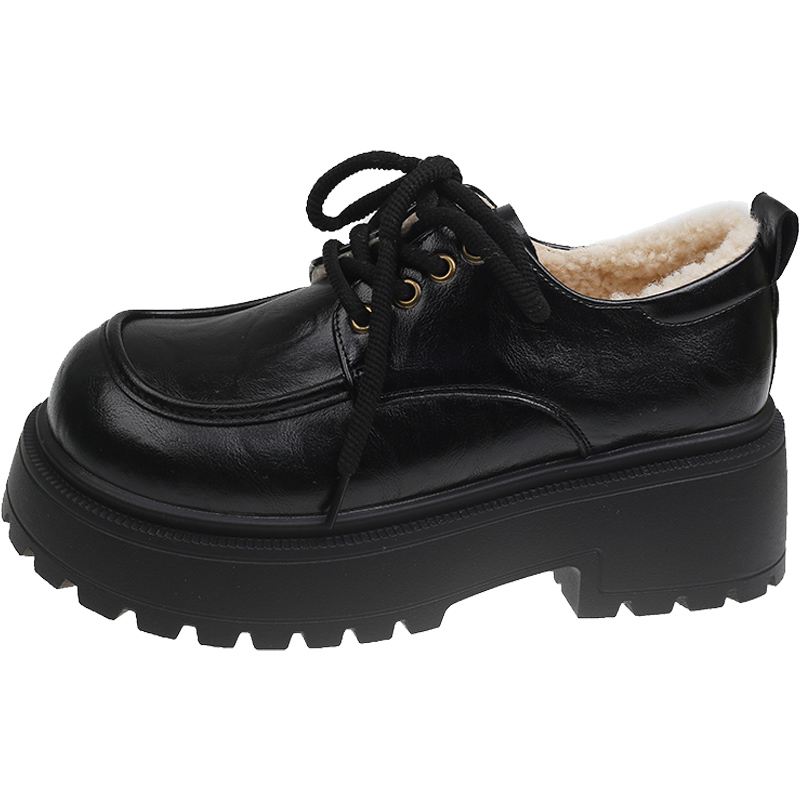 英伦风厚底小皮鞋女2025年冬季新款百搭增高棉鞋小个子时尚乐福鞋 - 图0