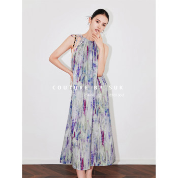 SUK Summer Color Palette! Tencel ແລະ ramie halter neck rendering printed dress style slimming