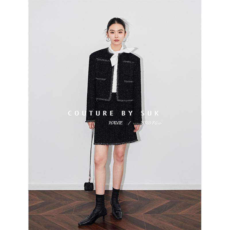 SUK 尽情自我！秋冬新款黑色高级感小香风外套半身裙套装女,淘宝优惠券,粉丝福利购,淘宝优惠卷