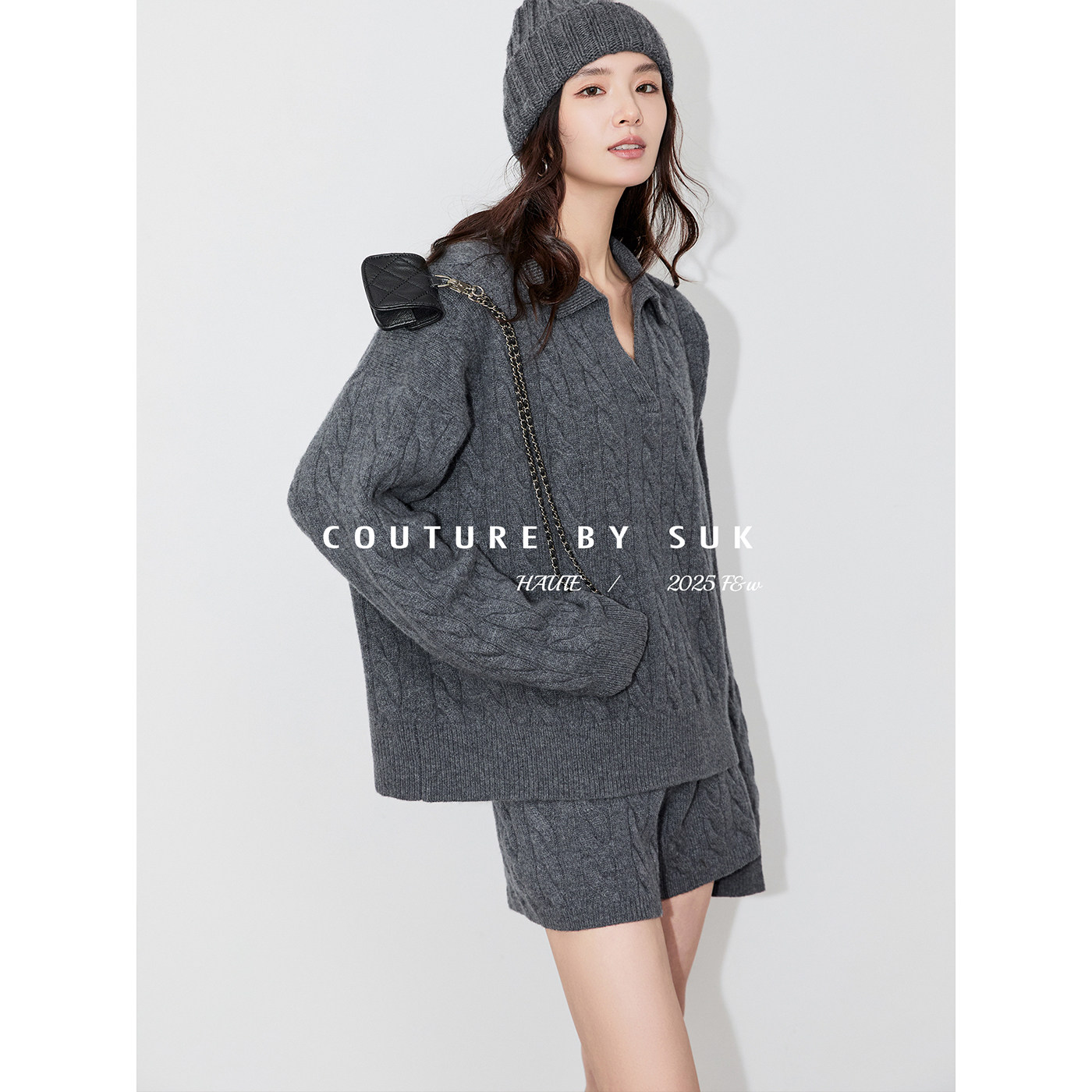 SUK 满分慵懒！秋冬绞花V领慵懒时尚百搭针织长袖短裤两件套新款,淘宝优惠券,粉丝福利购,淘宝优惠卷