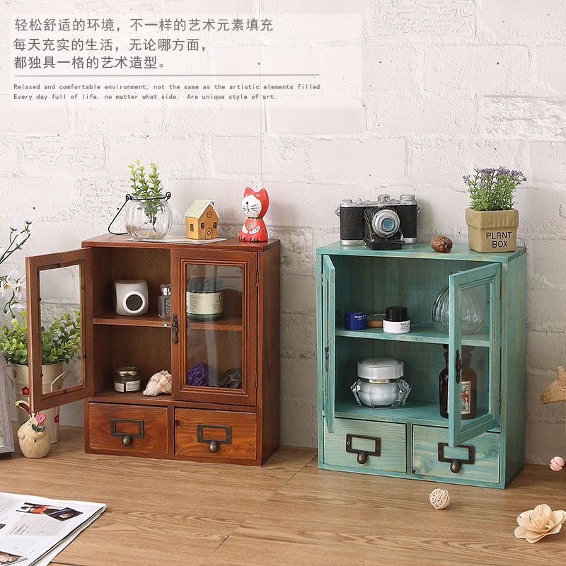 zakka梳妆台香水置物架办公桌复古木质桌面化妆品书桌杯子收纳盒 - 图1