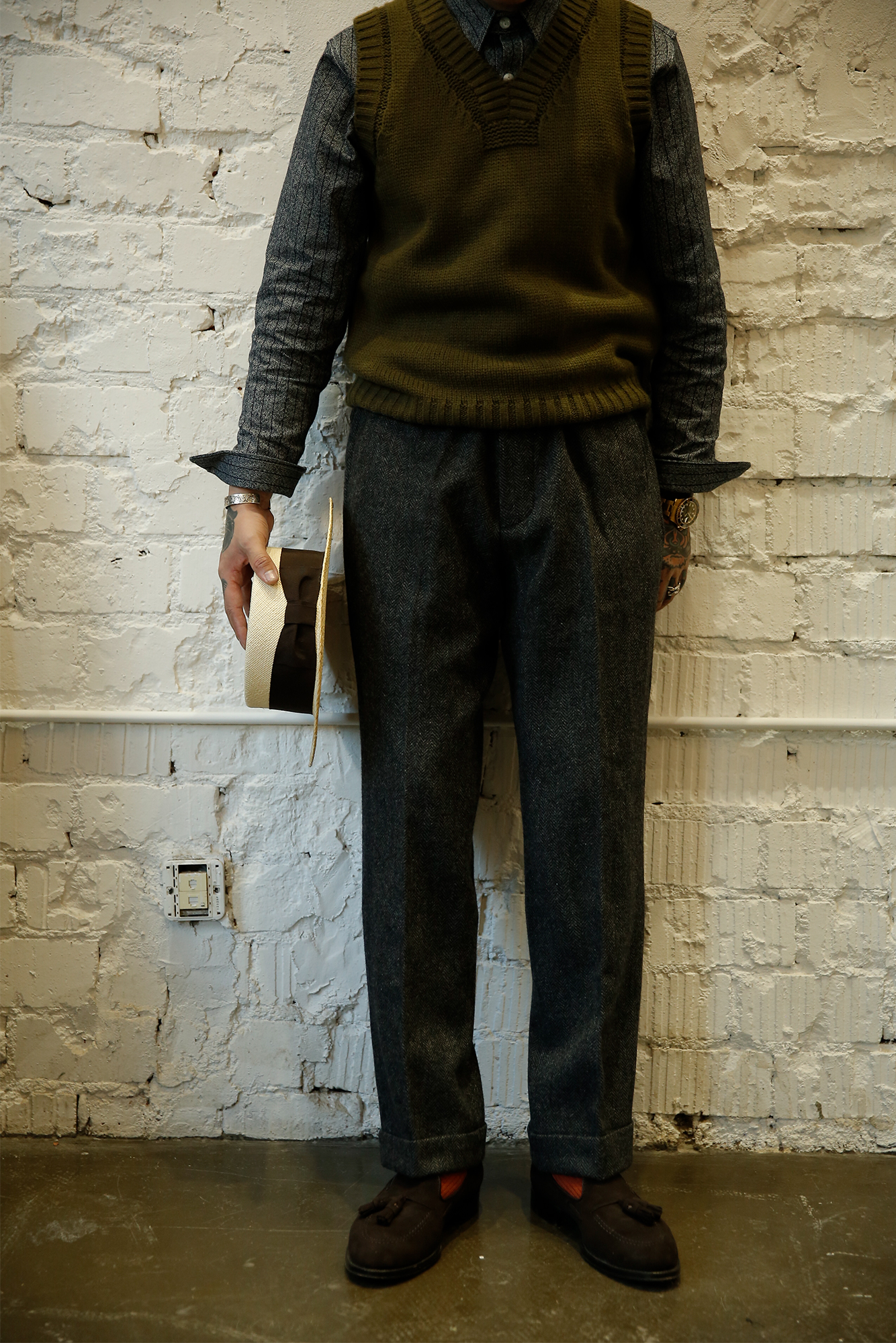 浴血黑帮春复古传统高腰宽松直筒长裤男 RRL风格咔叽休闲毛呢西裤 - 图2