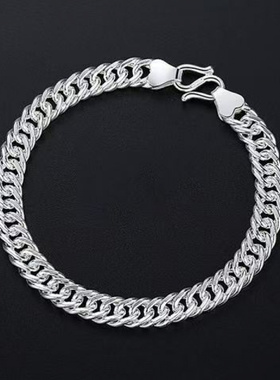 正品纯银色手链男款纯手工马鞭美式古巴链ins帅气不掉色送男友礼