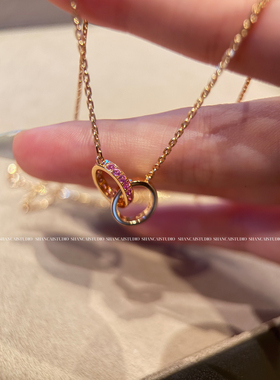 SHANCAI s925银粉钻双环项链小众设计百搭简约高级感锁骨链